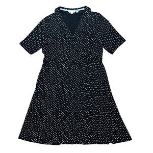 Boden Fixed Wrap Jersey Dress Blue Polka Dot Size 16/18 Stretch Short Sleeves